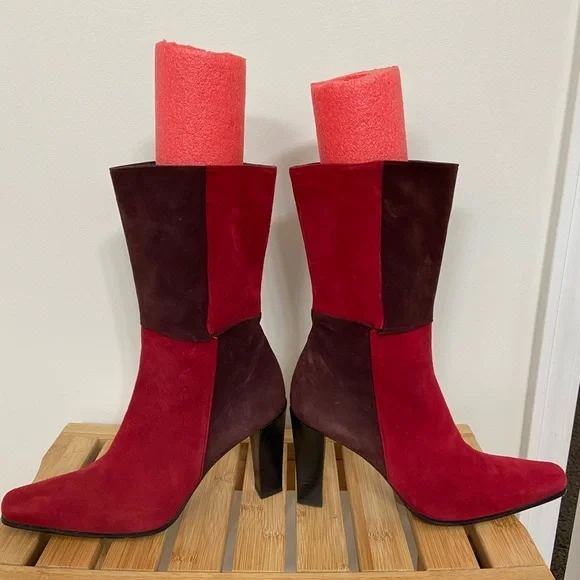 Stuart Weitzman Two-Tone Red and Brown Suede Mid-Calf Block Heel Zip Boots Rare